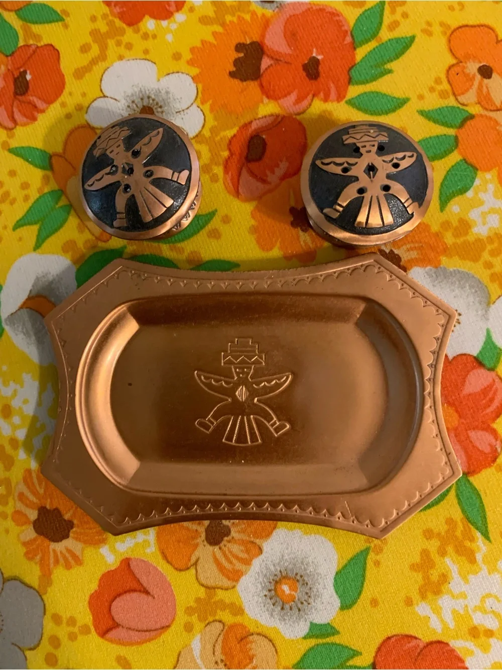Vintage copper Native Motif salt and pepper shakers